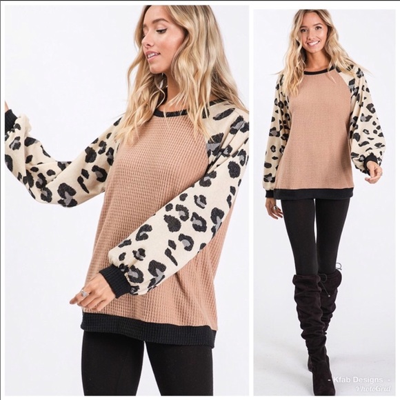 Waffle Knit Color Block Leopard Top - Picture 2 of 8
